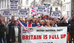 Slogans from BNP, a right-wing anti-foreigner party in United Kingdom