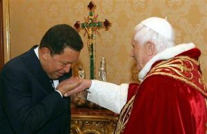Hugo Chavez is a socialist. For the Pope it does not matter, as long as he bows down and kisses the iol