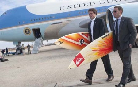 Taking a forced break on the Galapogos, sources confirms Obama spent time surfing. 