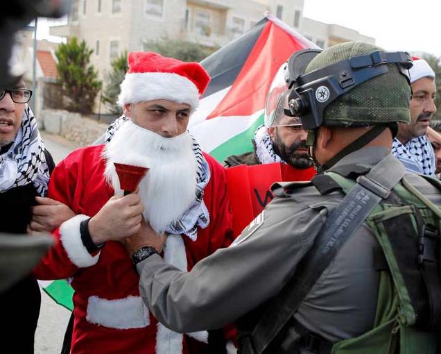 Muslims dressed like "santa's" provoce Israeli solders to action. 