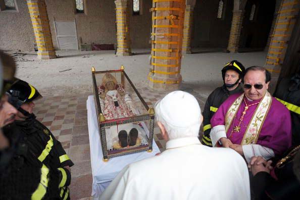 Pope Benedict came to pray to the skull and bones of a a Pope who has been dead for 700 years. 